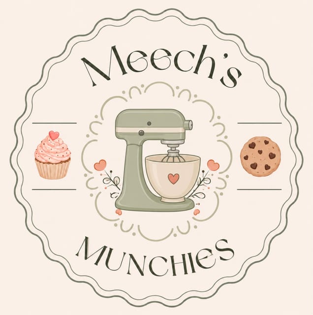 Meech's Munchies logo: a pistachio green stand mixer framed by a scalloped border, with a cupcake and a chocolate chip cookie either side.
